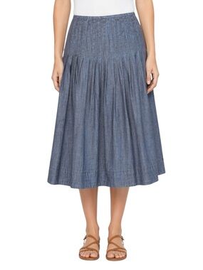 Y2K J. Jill Blue Chambray Midi Skirt Topstich Pleat Detail Womens 12 Retro Denim